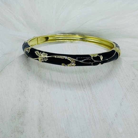 Flower Enamel Cloisonne Bracelet Bangle in Black & Gold - Picture 7 of 7